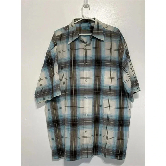Attitude Plaid Mens Button Front Shirt Sz XXL Short Sleeve ONE Pocket Blue Gray - Picture 1 of 7